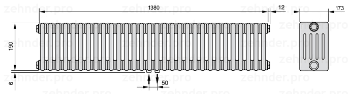 Схема (чертеж) Радиатор Zehnder Charleston 5019/30 №3470 Белый глянцевый RAL 9016